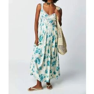 Free People Cream Midi Dress with Teal Floral Print